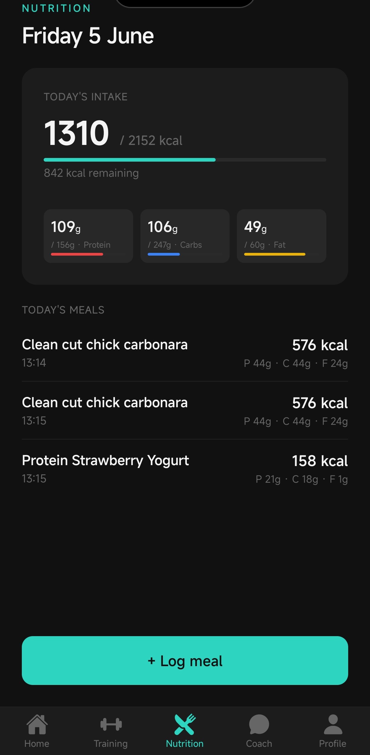 Kinta Fit nutrition tracking with calories and macros